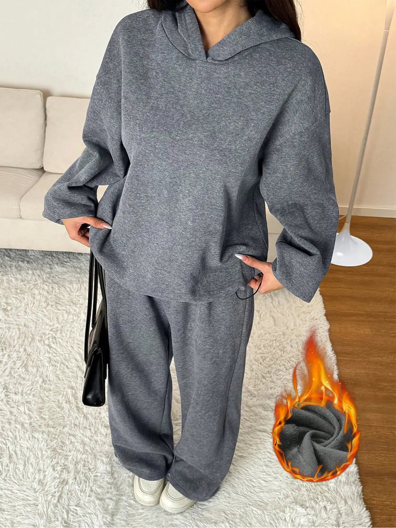 Oversized Thermal Lined Hoodie And Wide Leg Sweatpants Set Grey Women Comfortable Lounge Wear