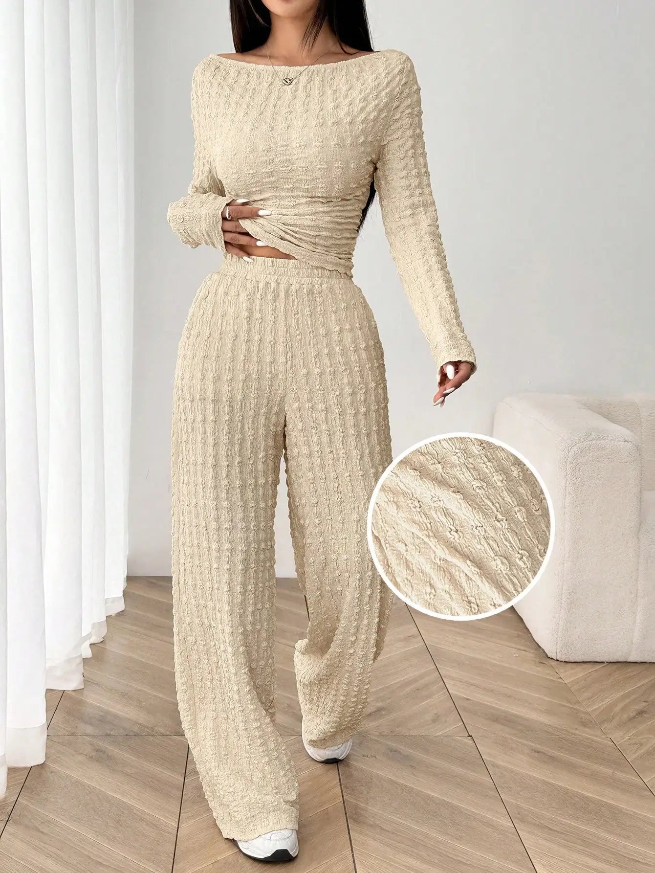 Women's Spring Autumn Casual Long Sleeve Top And Wide Leg Pants Set