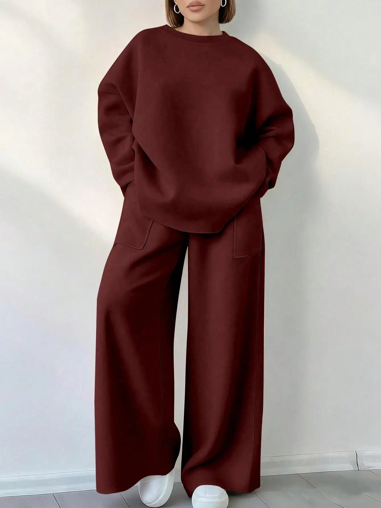 Solid Color Round Neck Long Sleeve Top And Pocket Loose Pants 2 Piece Set