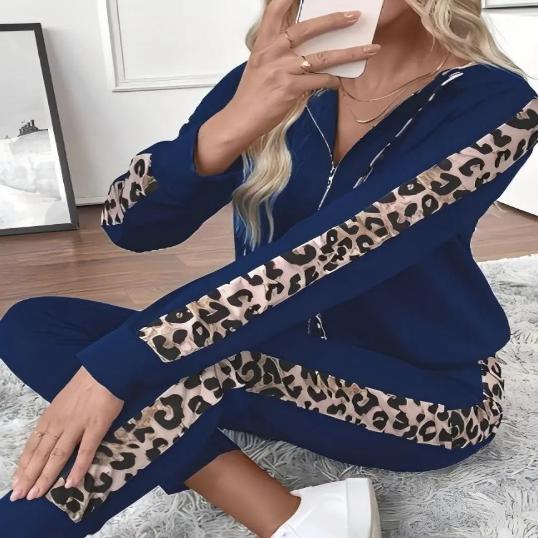 Plus Size Women's Navy Leopard Stripe Zip Hoodie & Jogger Pants 2-Piece Set - Casual Sporty Daily Style (0XL-4XL)