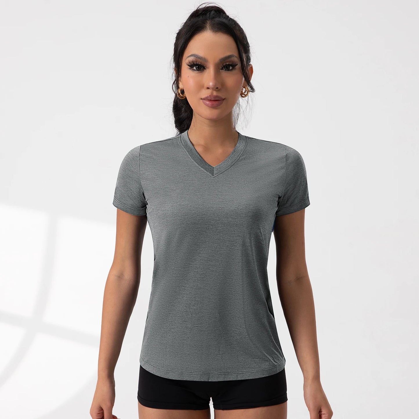 Summer V Neck Pleated Yoga T Shirt Women Short Sleeve Loose Solid Color Running Exercise Gym Tee 5 Colors Sportswear