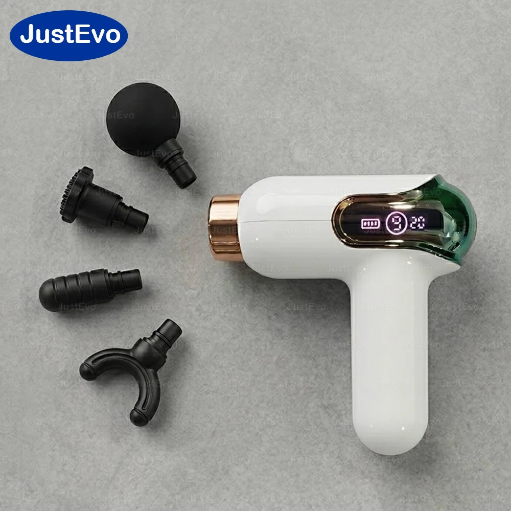 JustEvo Portable Massage Gun 9 Speeds Percussion Massager with 4 Heads, Smart LCD Screen Type-C Rechargeable Body Relaxer, 20-Min Timer Soothing Comfort Device.