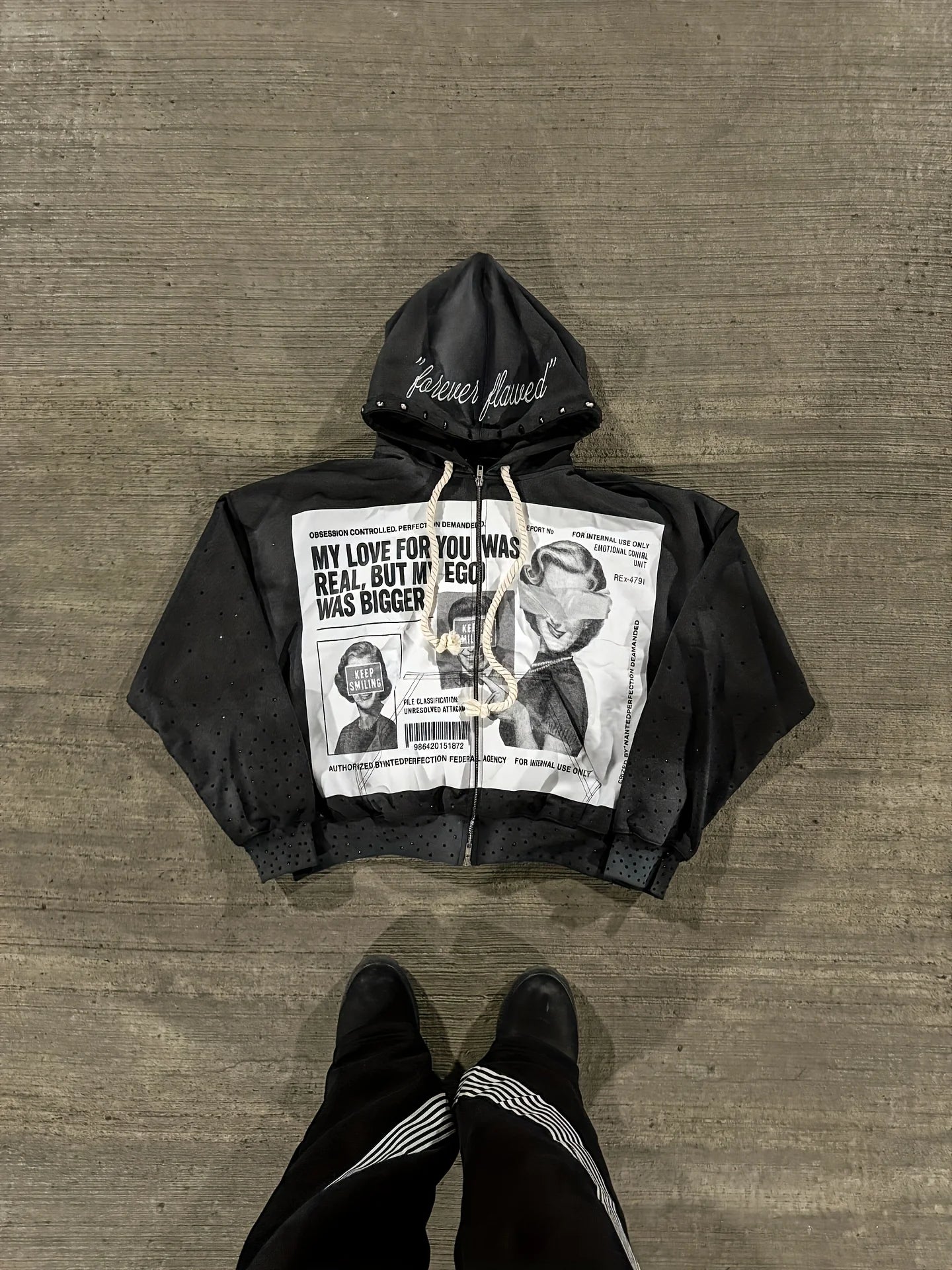 Rhinestone Embellished Zip Up Hoodie Newspaper Graphic Print Vintage Grunge Street Style Leisure Outerwear Daily Casual Loungewe