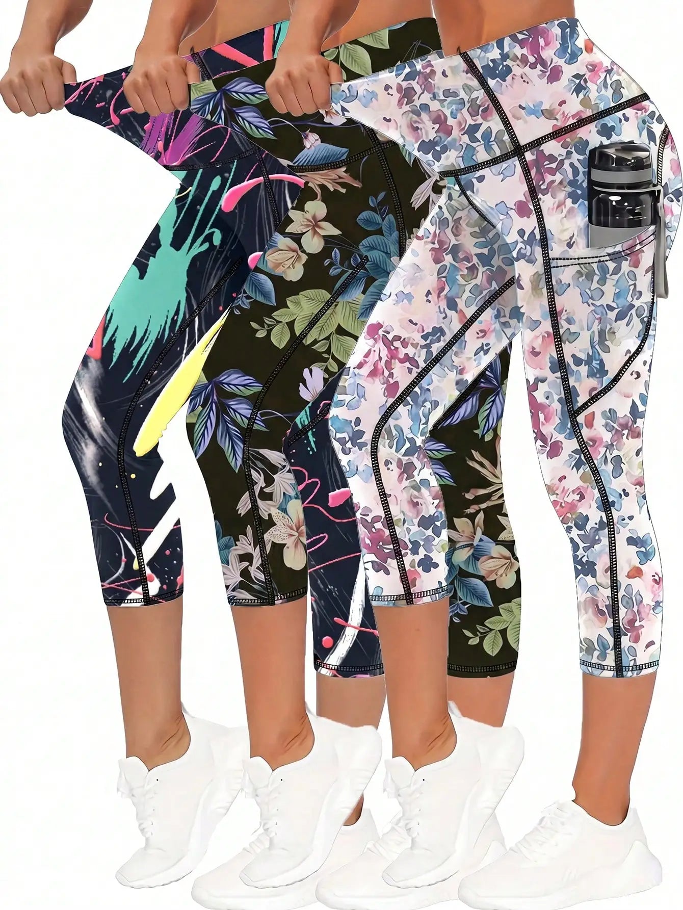 3 Pcs Women High Waist Floral Print 3/4 Leggings With Pockets, Tummy Control Yoga Workout Pants, Athletic Sportswear Summer