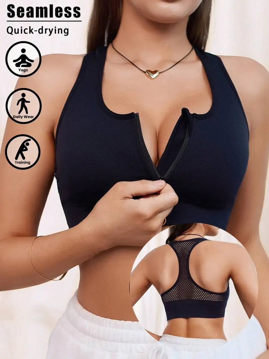 1 Piece Hollow Mesh Knit Front Zipper Hollow Stretch Moisture Wicking Design Breathable Seamless Sports Bra, Fitness Yoga