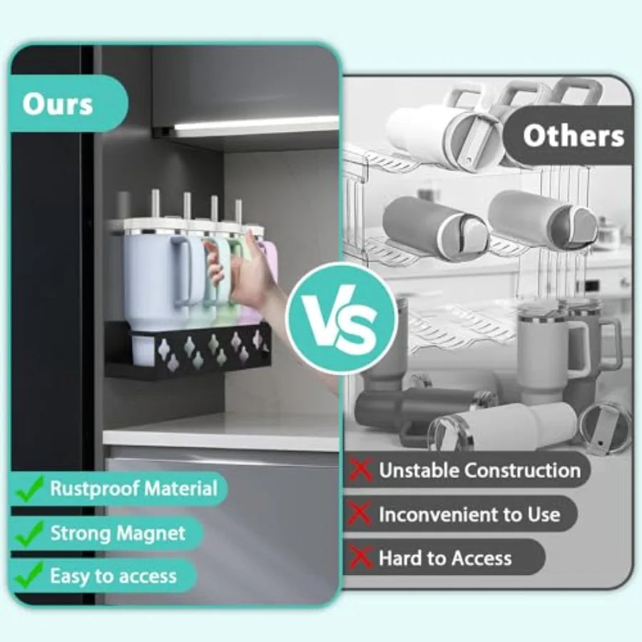 Magnetic Water Bottle Organizer for Fridge, Cup Holder for Stanley 30 40 Oz with Tumbler Lid and Straw and Paper Towel Holder,