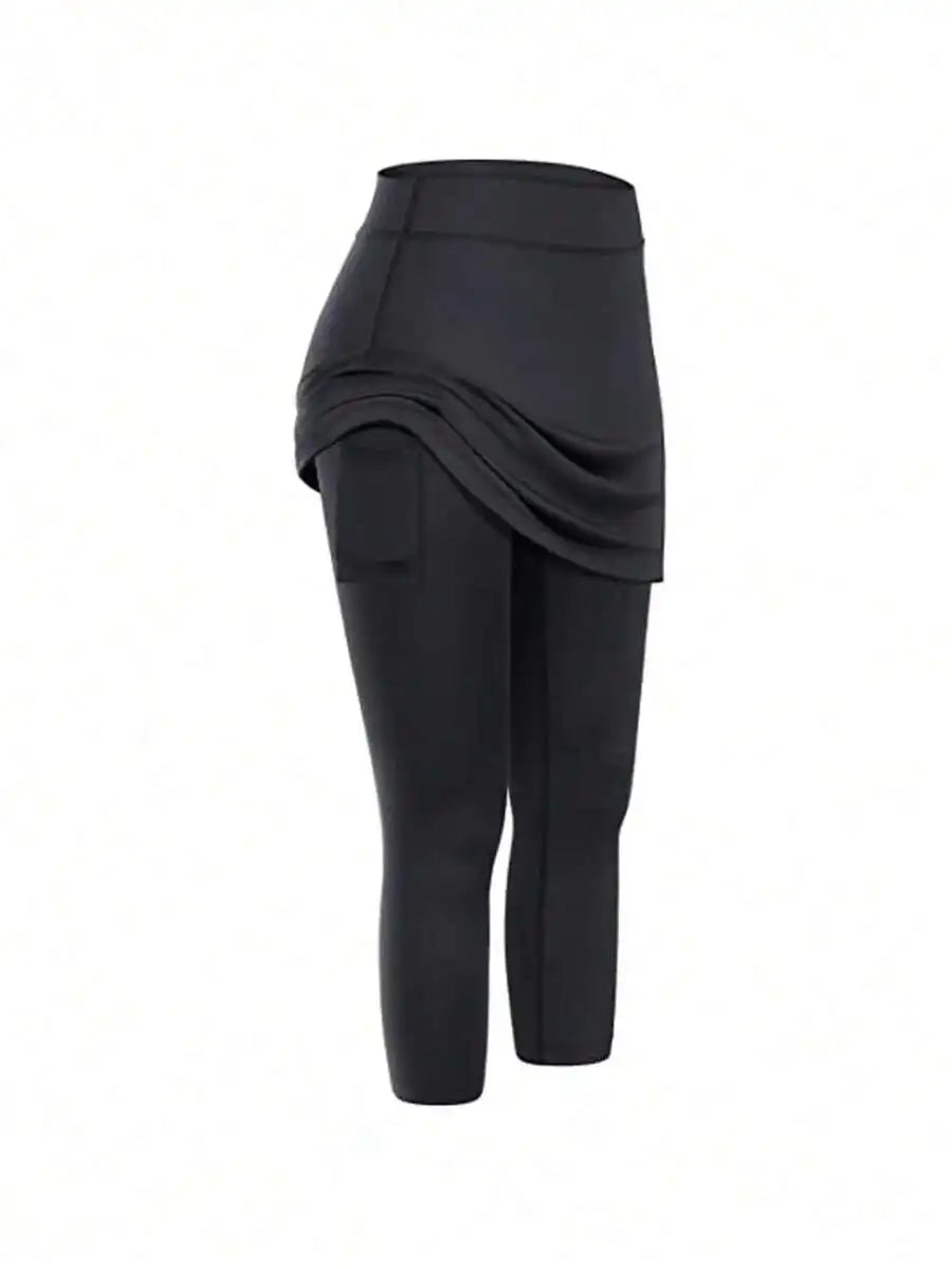 High Waist Fake Two-Piece Yoga Leggings Women Sporty Capri Pants With Pockets