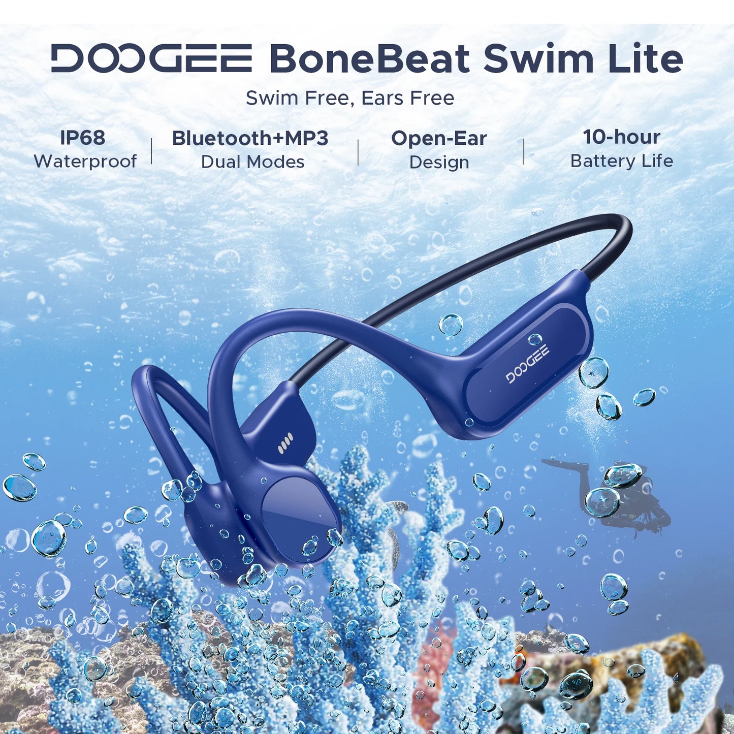 DOOGEE BoneBeat Swim Lite IP68 Waterproof Sports Bone Conduction Headphones Bluetooth 5.4+MP3 10 Hours Battery Life  Headphones