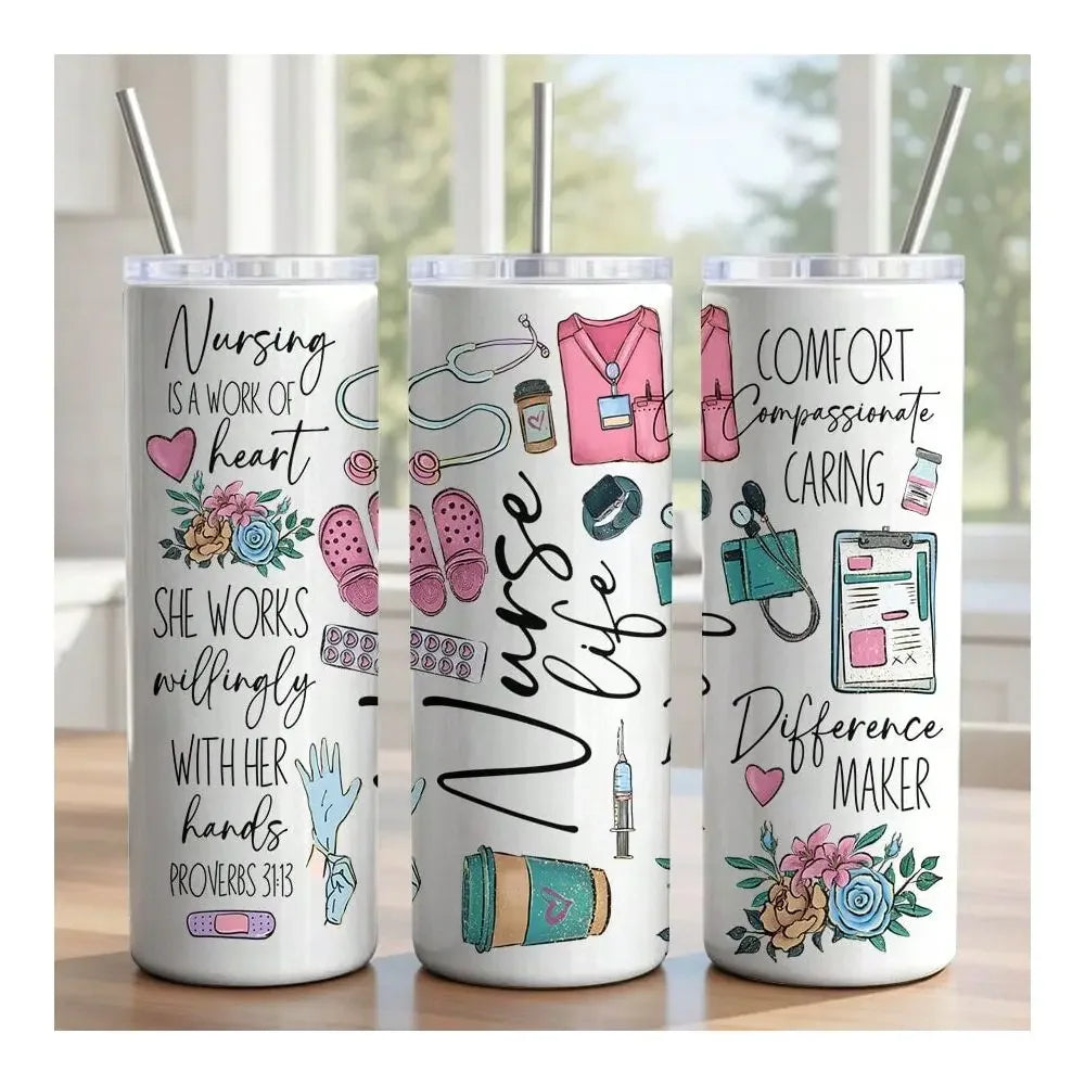 20oz Insulated Water Bottle Medical Nurse Aesthetic Pink Teal Coffee Floral Tumbler Design For Nursing Student Appreciation
