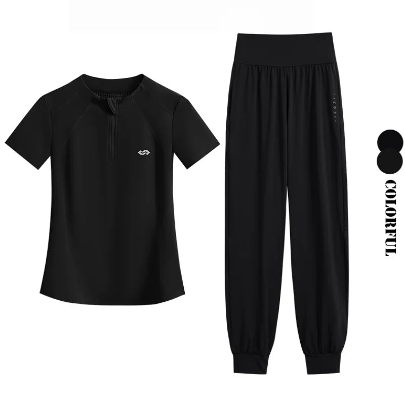 DRUR S-4XL Summer Yoga Pants Set Women Two Piece Breathable Lightweight Running Suit Sport Outfit Yogawear 2 pcs Gym Clothing