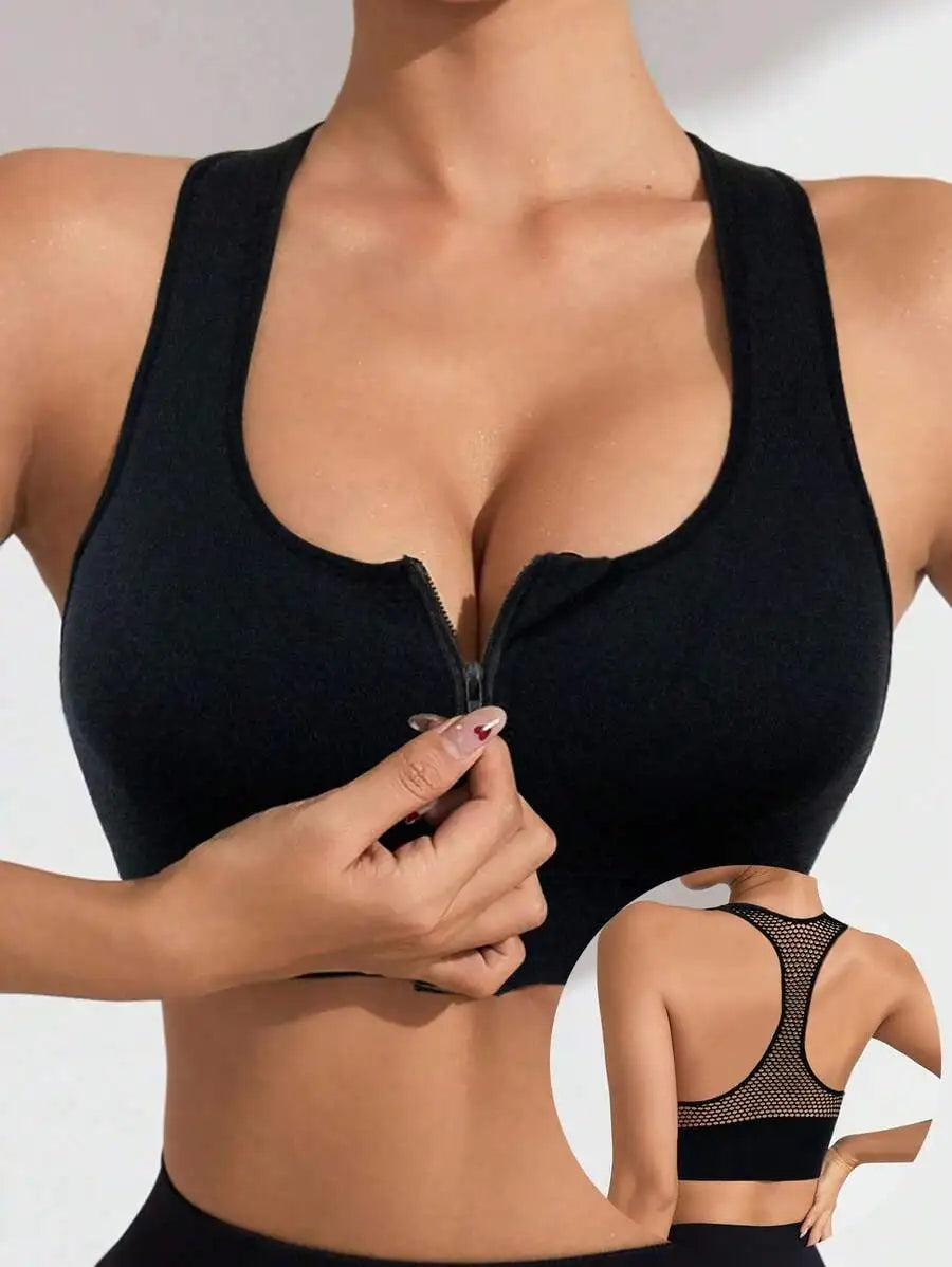 1 Piece Hollow Mesh Knit Front Zipper Hollow Stretch Moisture Wicking Design Breathable Seamless Sports Bra, Fitness Yoga