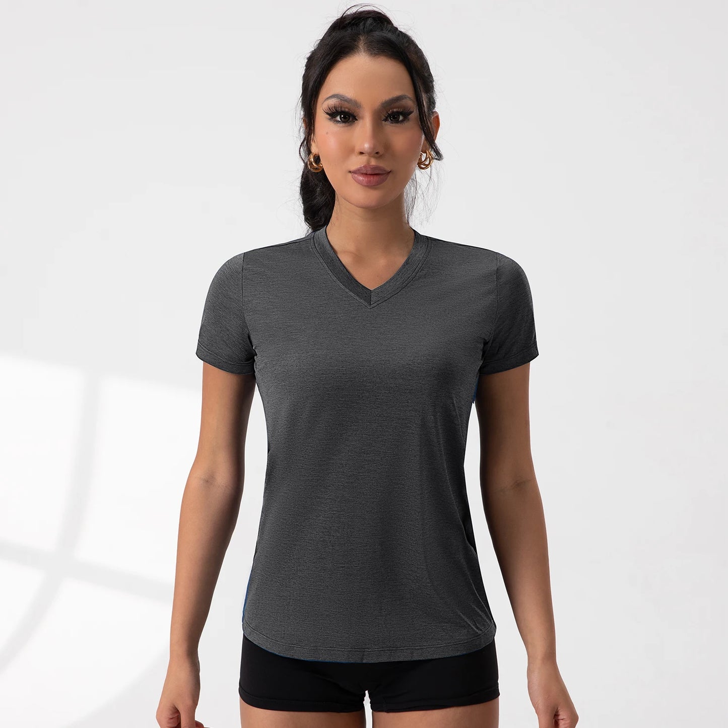 Summer V Neck Pleated Yoga T Shirt Women Short Sleeve Loose Solid Color Running Exercise Gym Tee 5 Colors Sportswear