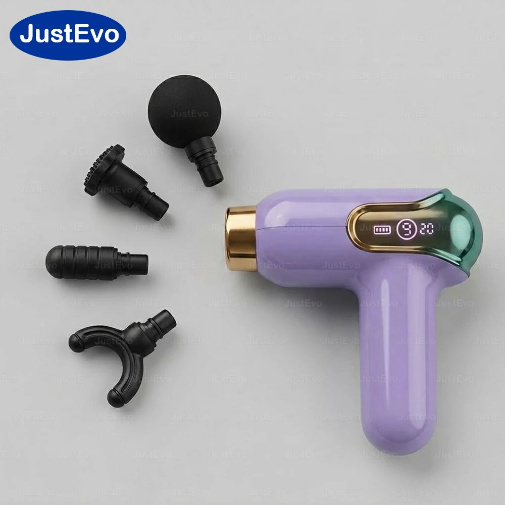 JustEvo Portable Massage Gun 9 Speeds Percussion Massager with 4 Heads, Smart LCD Screen Type-C Rechargeable Body Relaxer, 20-Min Timer Soothing Comfort Device.