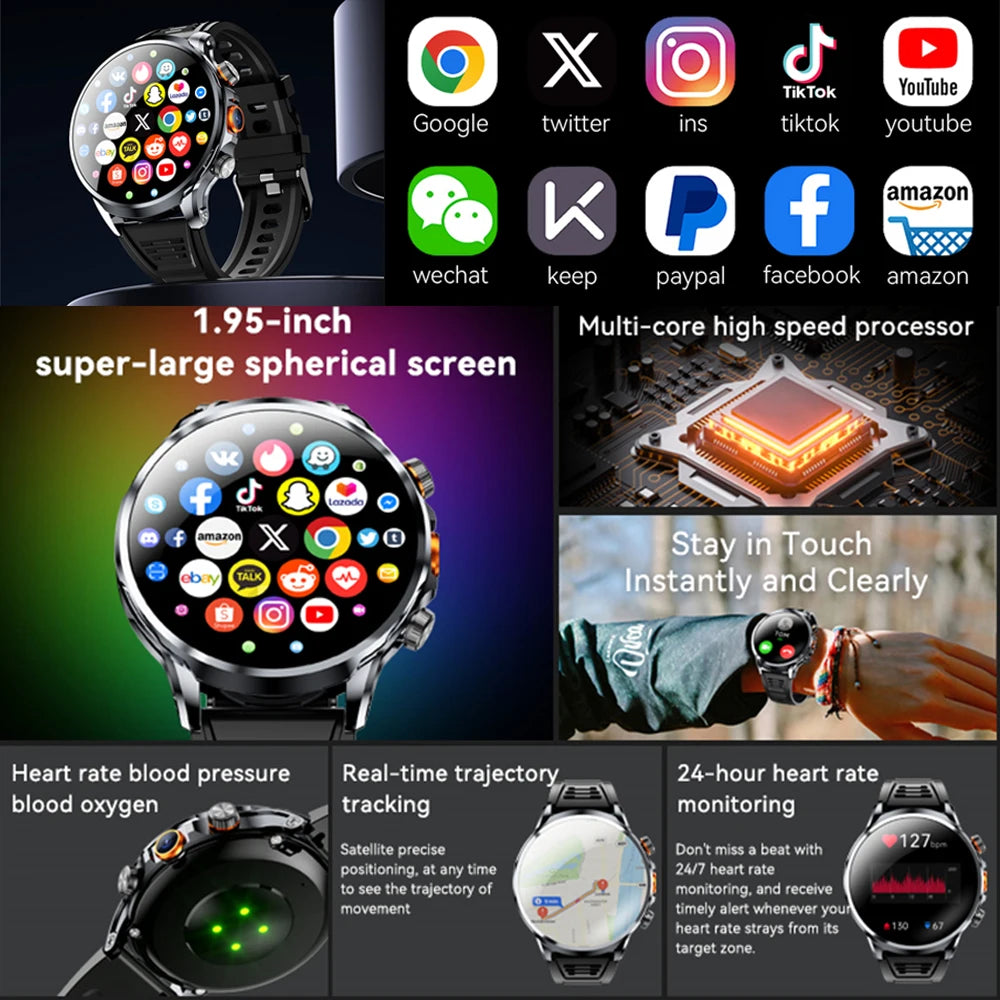 5G/4G Smart Watch 1.95 inch AMOLED 1880mah Battery 16GB+256GB RAM 800W Camera GPS WIFI Google APP Download Heart Rate Smartwatch