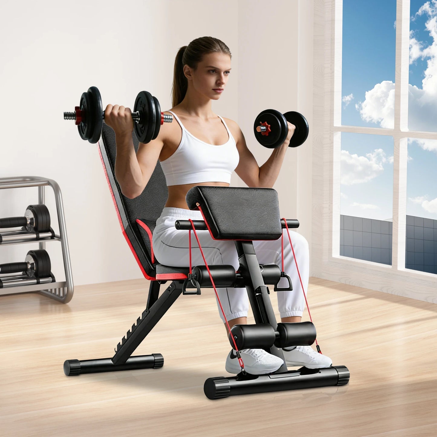 Space Saving Strength Training Bench Multifunctional Weight Bench 352Lbs Load Foldable Design with Ergonomic PU Cushion for Ab/Leg/Arm/Shoulder Training