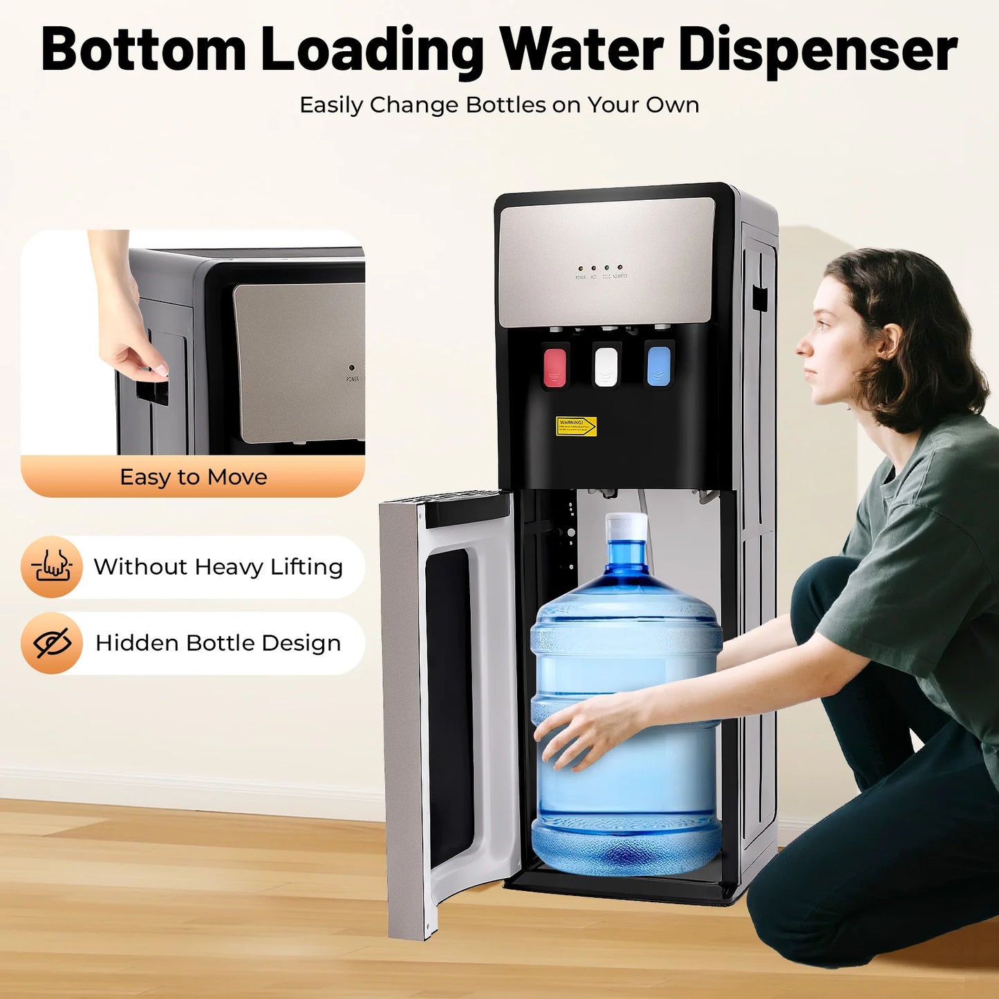 Bottom Loading Water Dispenser with Hot & Cold Water for 3 or 5 Gallon Bottles Durable Stainless Steel Inner (Silver Gray)