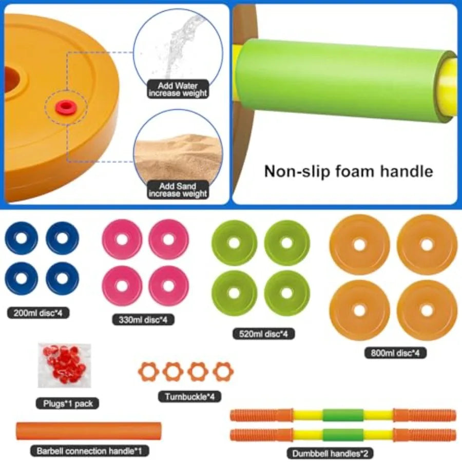 Exercise Weight Set Barbell and Dumbbell Workout Equipment for Toddler Pretend Play Lifting Fitness Adjustable Fill with Sand o
