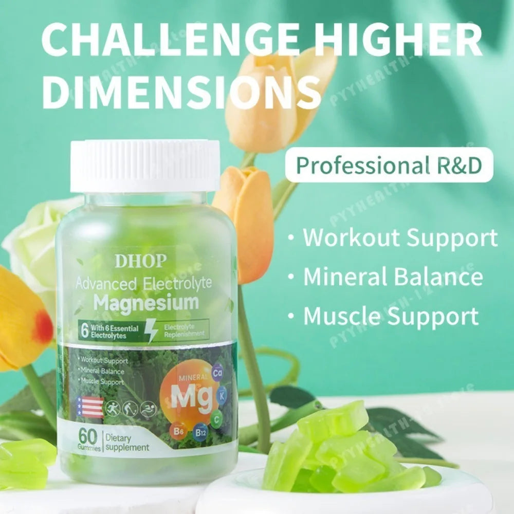 DHOP Electrolyte Magnesium Gummies 60 Count with Vitamin C B6 B12 Potassium Calcium Daily Hydration Support Dietary Supplement