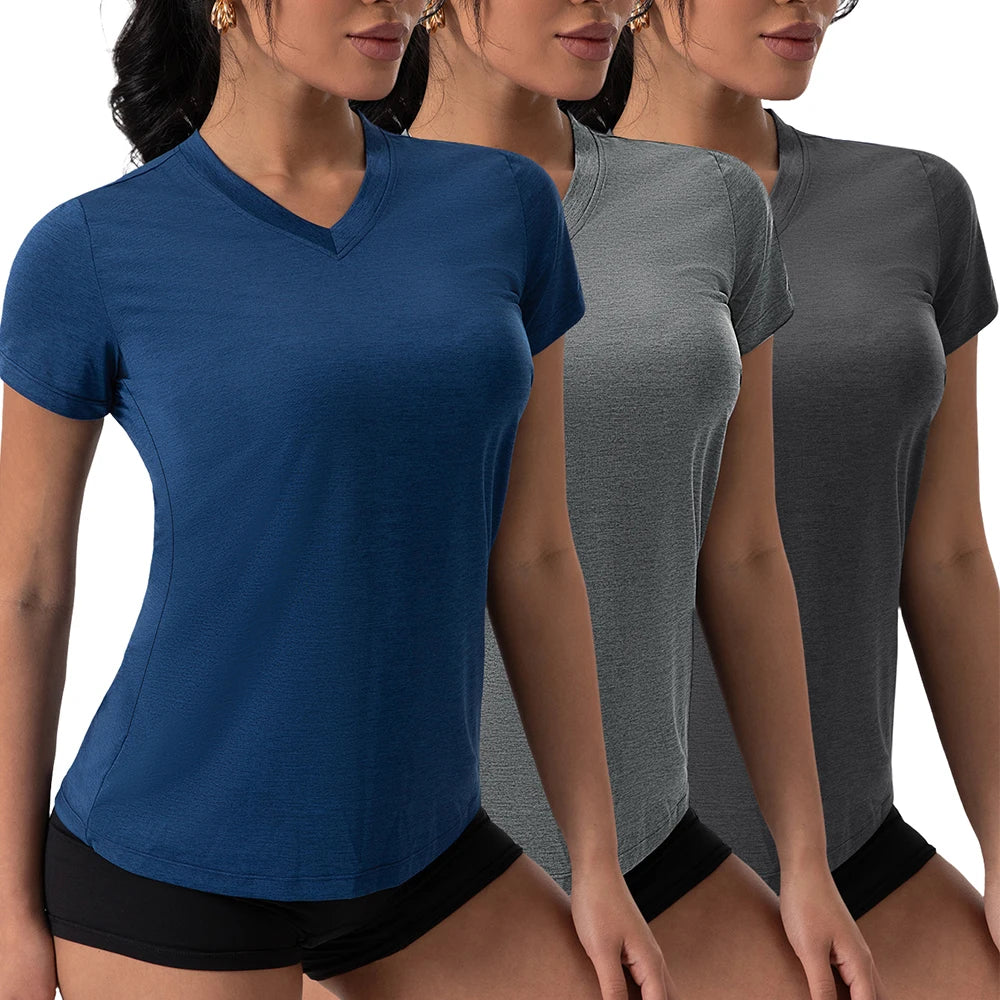 Summer V Neck Pleated Yoga T Shirt Women Short Sleeve Loose Solid Color Running Exercise Gym Tee 5 Colors Sportswear