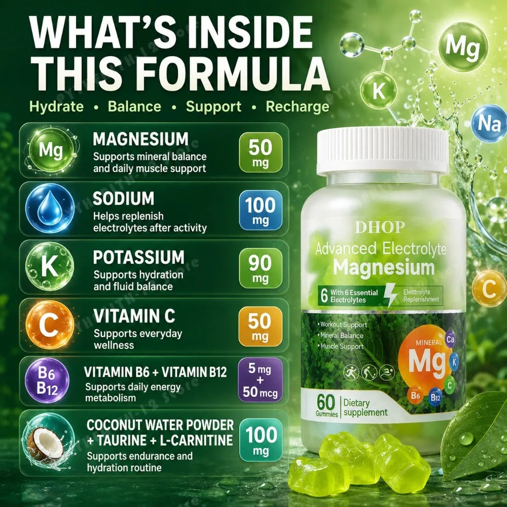 DHOP Electrolyte Magnesium Gummies 60 Count with Vitamin C B6 B12 Potassium Calcium Daily Hydration Support Dietary Supplement