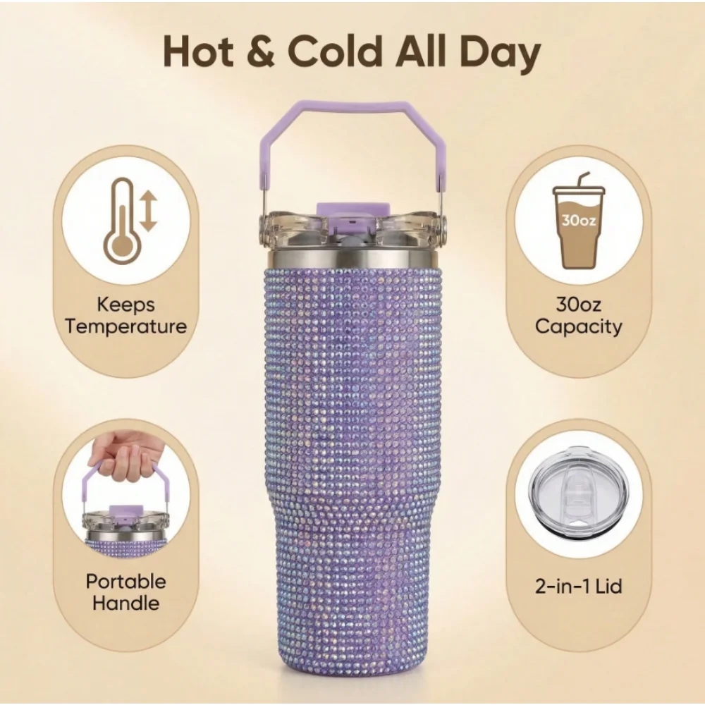 30oz 2In1 Lid Tumbler Diamond Finish, Double Wall Vacuum Insulated Stainless Steel, Leakproof, Termos Caliente Y Frio, Termo De