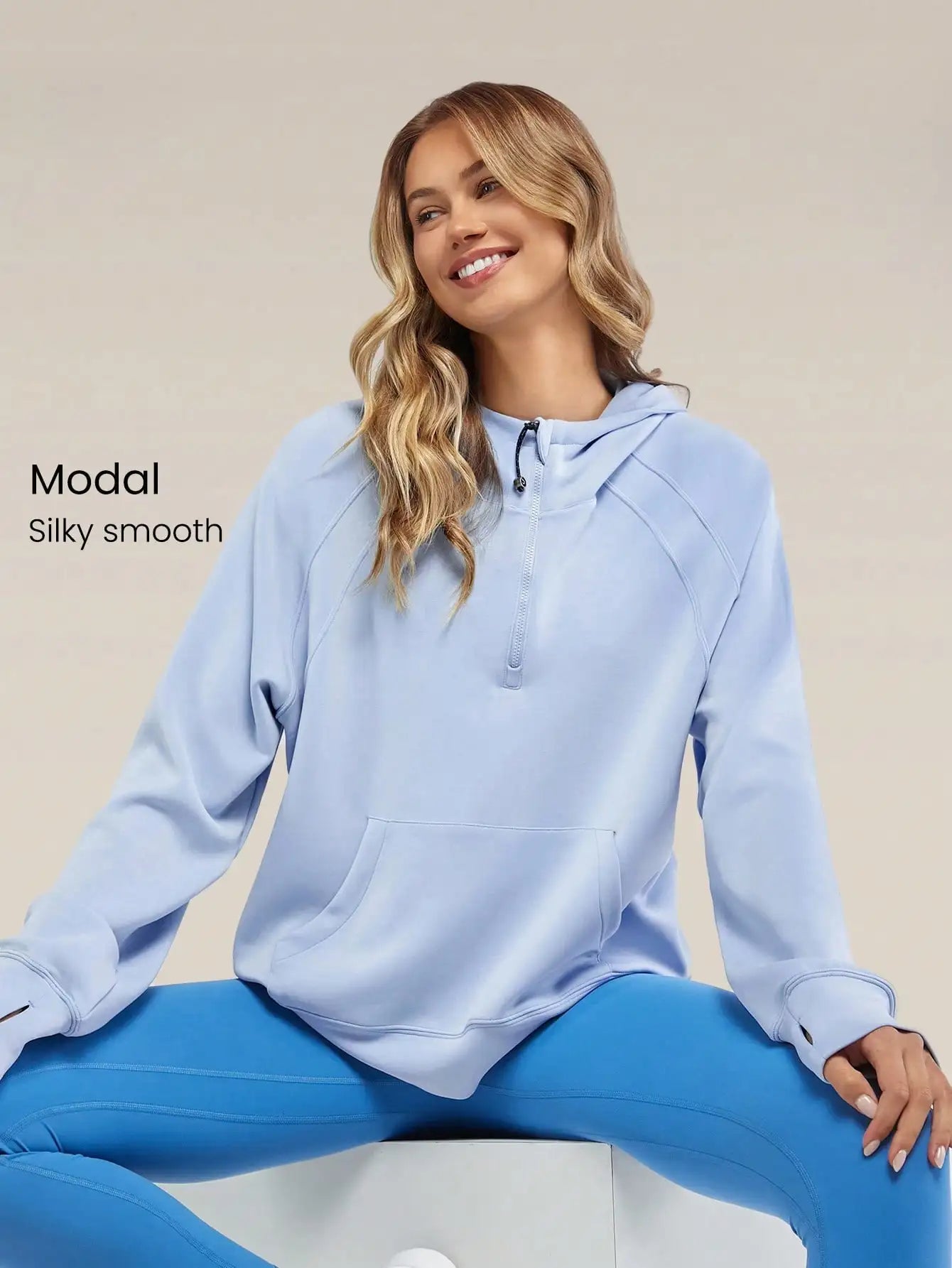 Oversized Half-Zip Hoodie Modal Fabric Loose Fit Kangaroo Pocket
