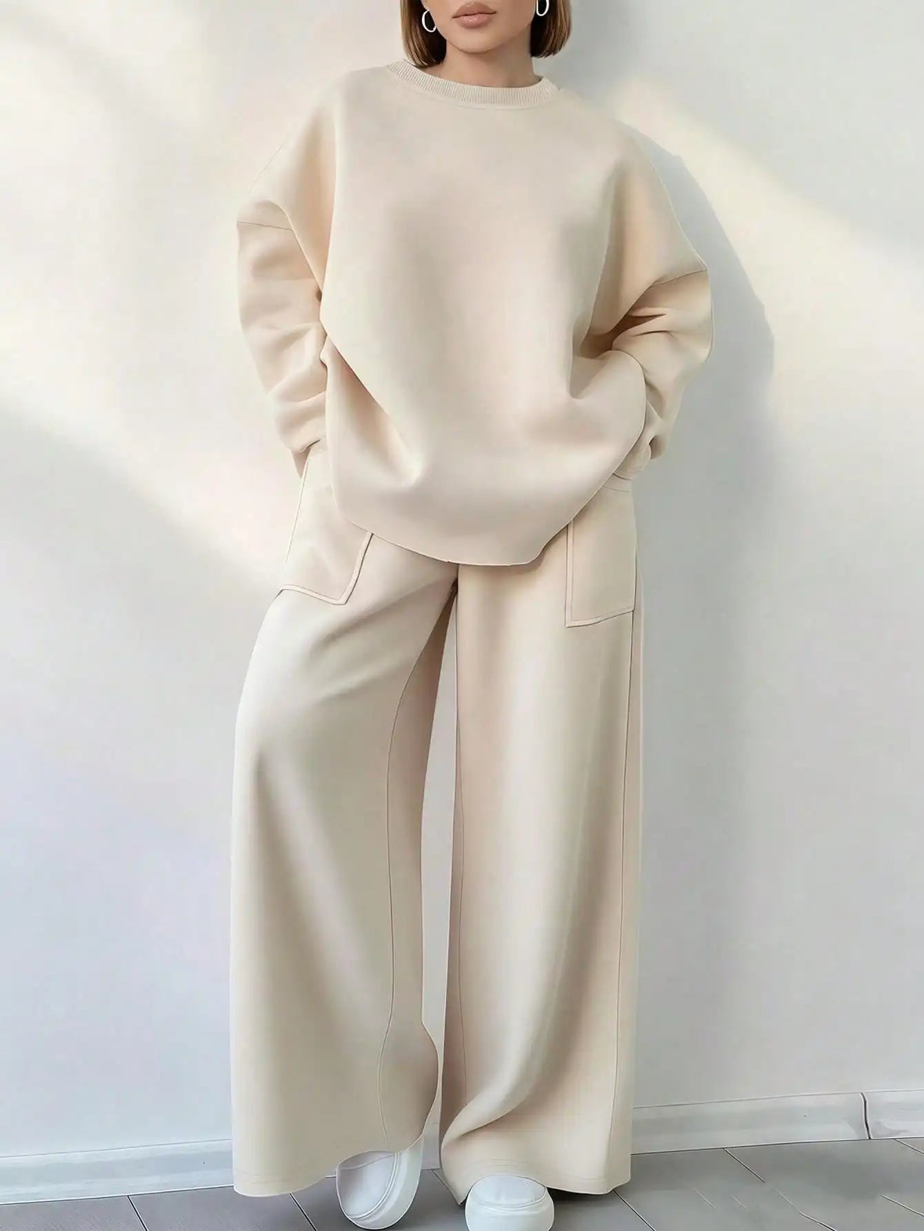 Solid Color Round Neck Long Sleeve Top And Pocket Loose Pants 2 Piece Set
