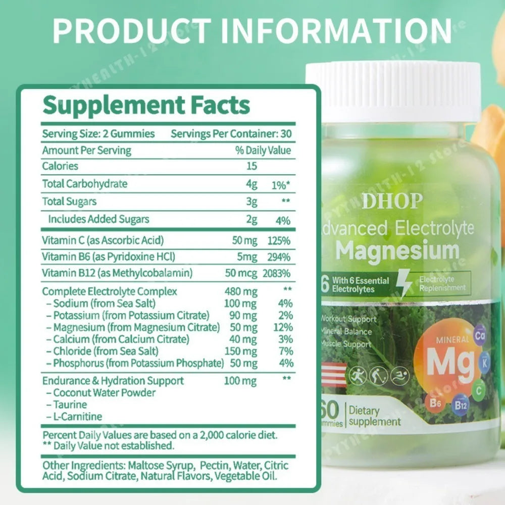 DHOP Electrolyte Magnesium Gummies 60 Count with Vitamin C B6 B12 Potassium Calcium Daily Hydration Support Dietary Supplement