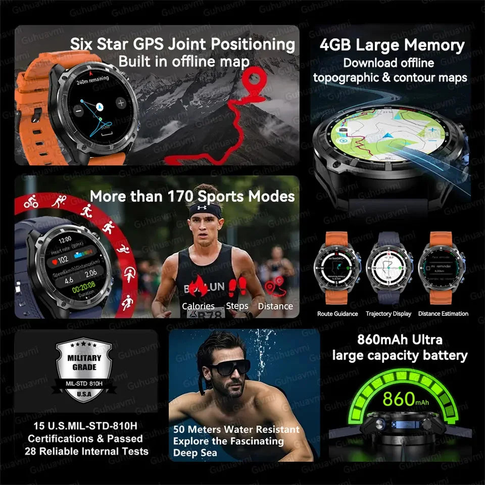 2025 New Military GPS Map NFC 4GB Memory Sports Smart Watch Men Waterproof Fitness Trackr Bluetooth call 860Mah Battery Bracelet