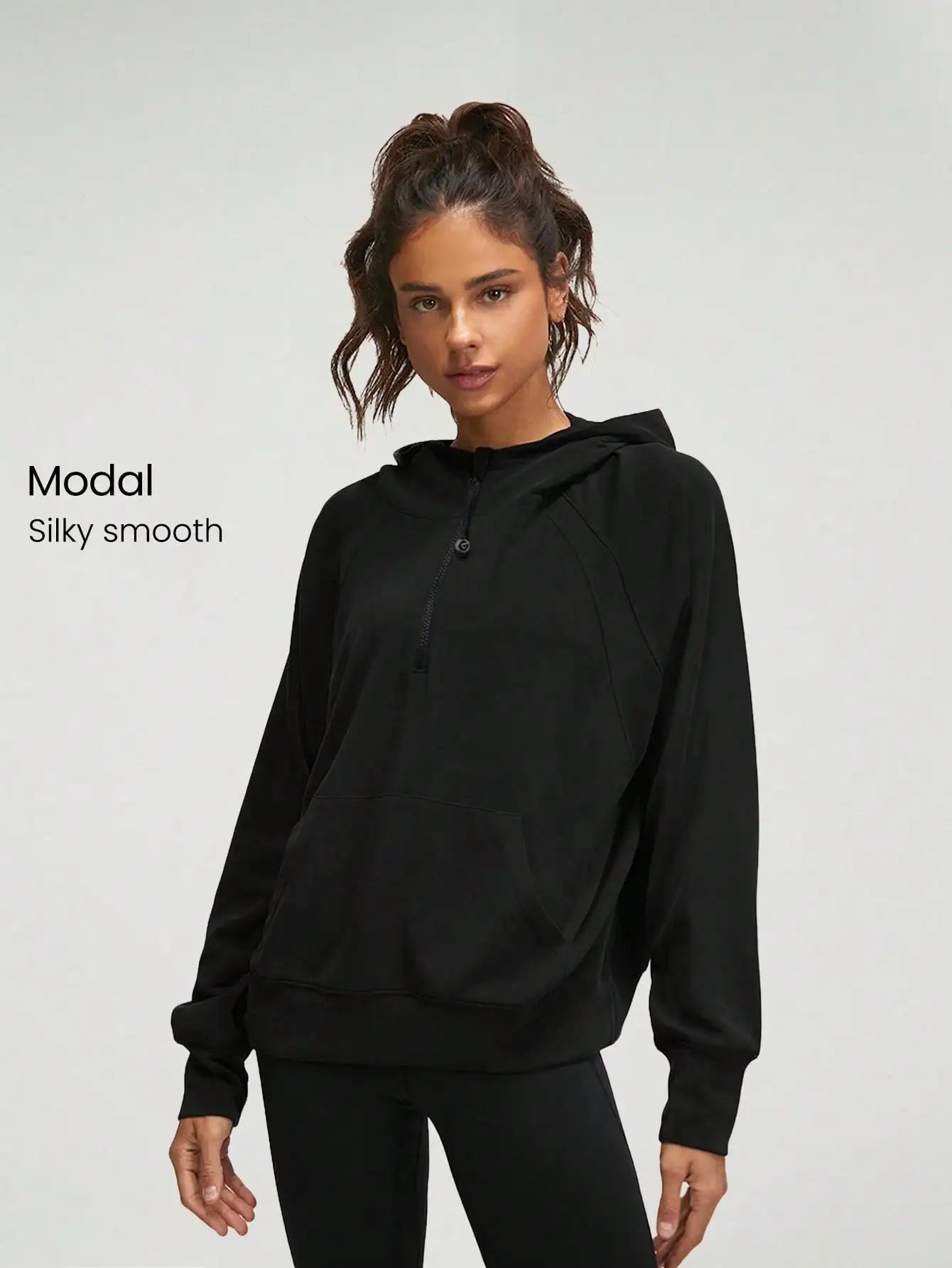 Oversized Half-Zip Hoodie Modal Fabric Loose Fit Kangaroo Pocket