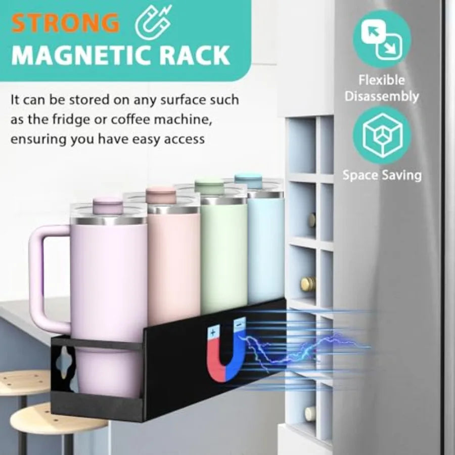 Magnetic Water Bottle Organizer for Fridge, Cup Holder for Stanley 30 40 Oz with Tumbler Lid and Straw and Paper Towel Holder,