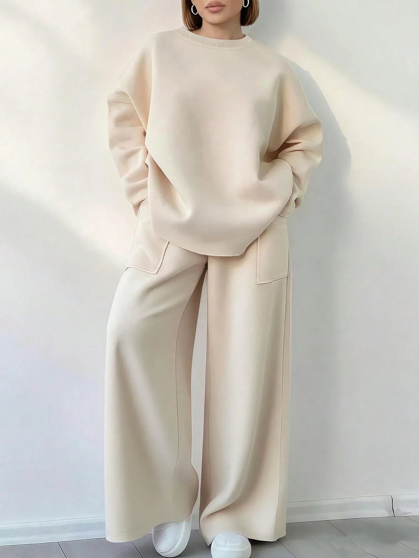 Solid Color Round Neck Long Sleeve Top And Pocket Loose Pants 2 Piece Set