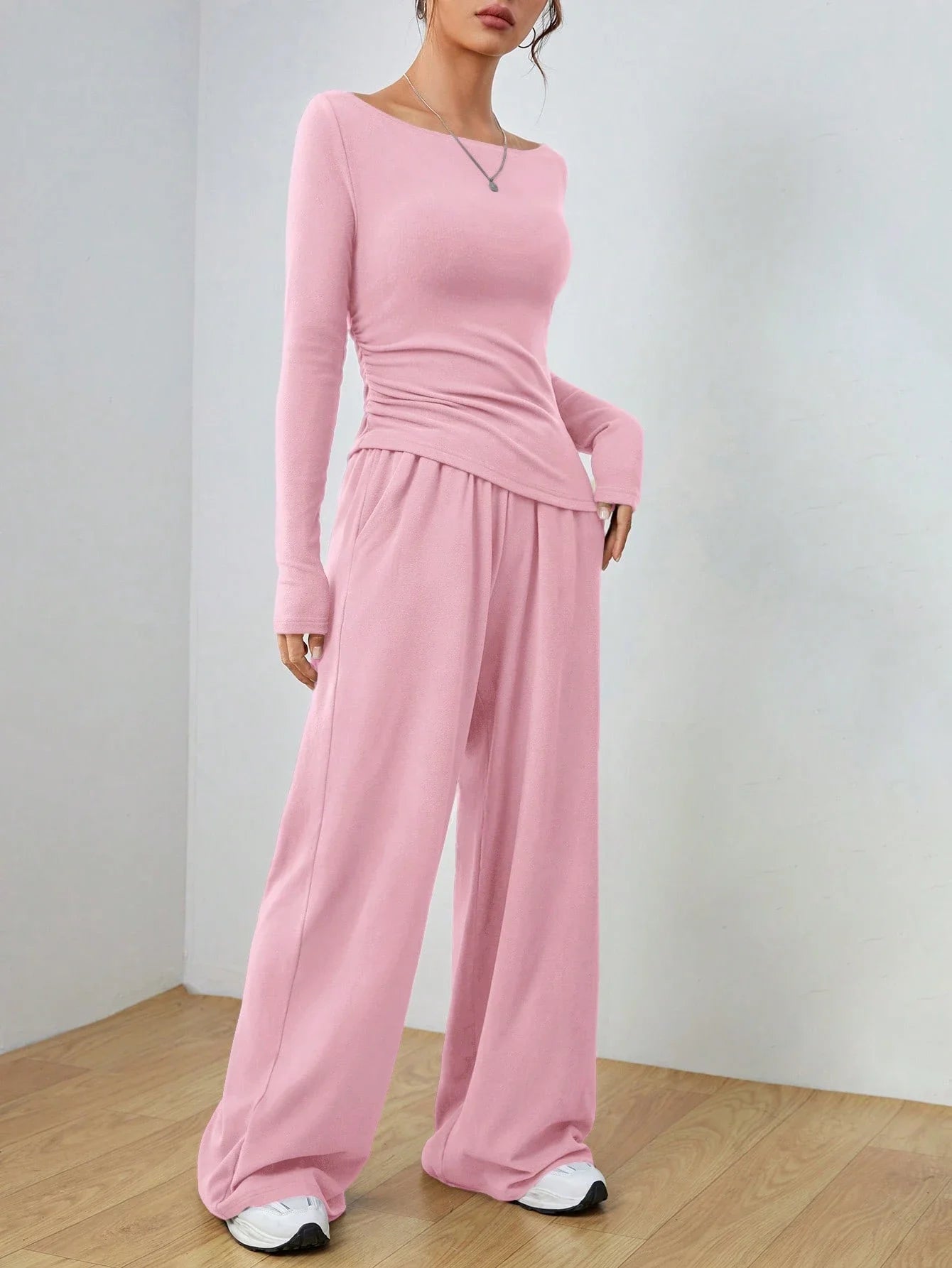 Women's Spring Autumn Casual Long Sleeve Top And Wide Leg Pants Set