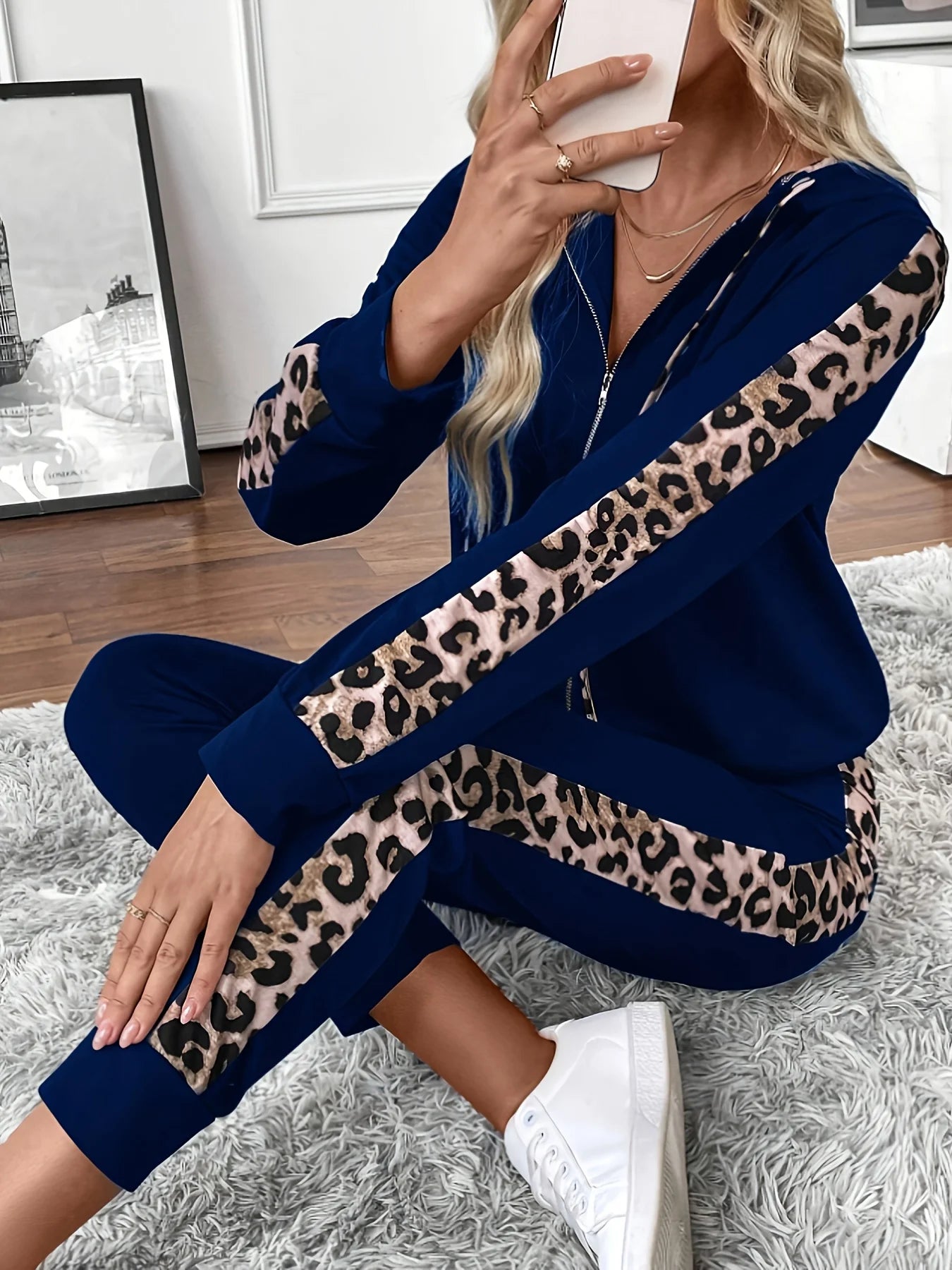 Plus Size Women's Navy Leopard Stripe Zip Hoodie & Jogger Pants 2-Piece Set - Casual Sporty Daily Style (0XL-4XL)