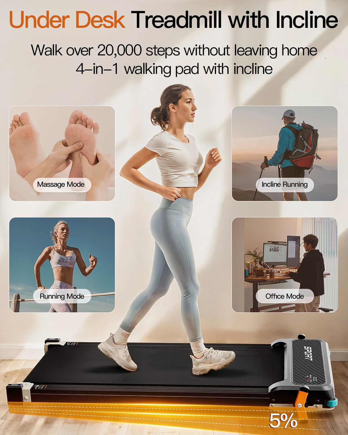 AKLUER Walking Pad with Incline-Dual-Sided 2 in 1 Under Desk Treadmill with Shiatsu Foot Massager,LED Display and Remote Control