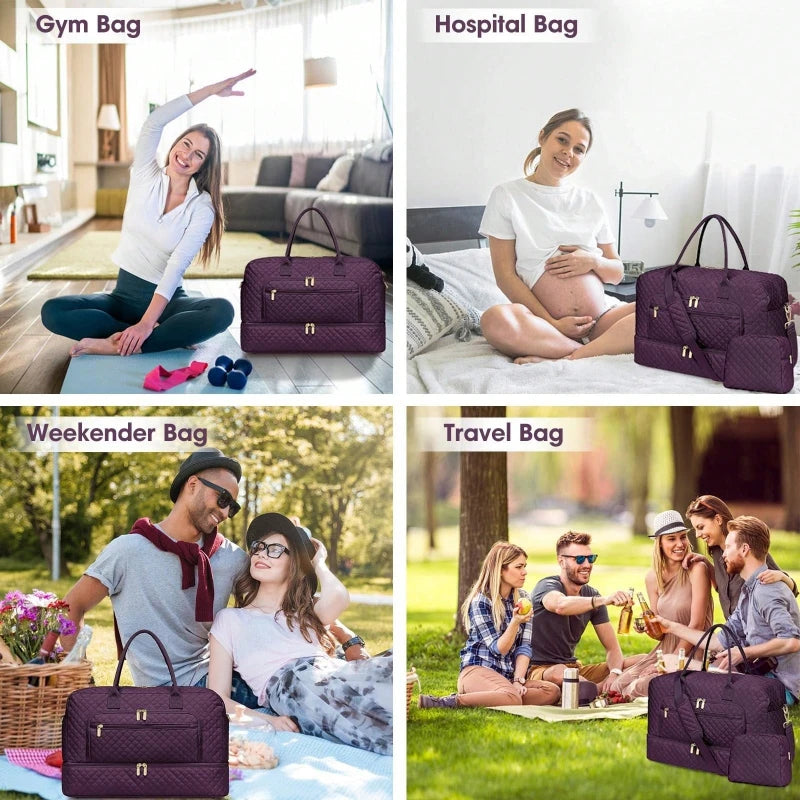 Large Travel Duffel Bag for Women Carry On Weekender with Shoe Compartment Wet Pocket USB Port Gym Yoga