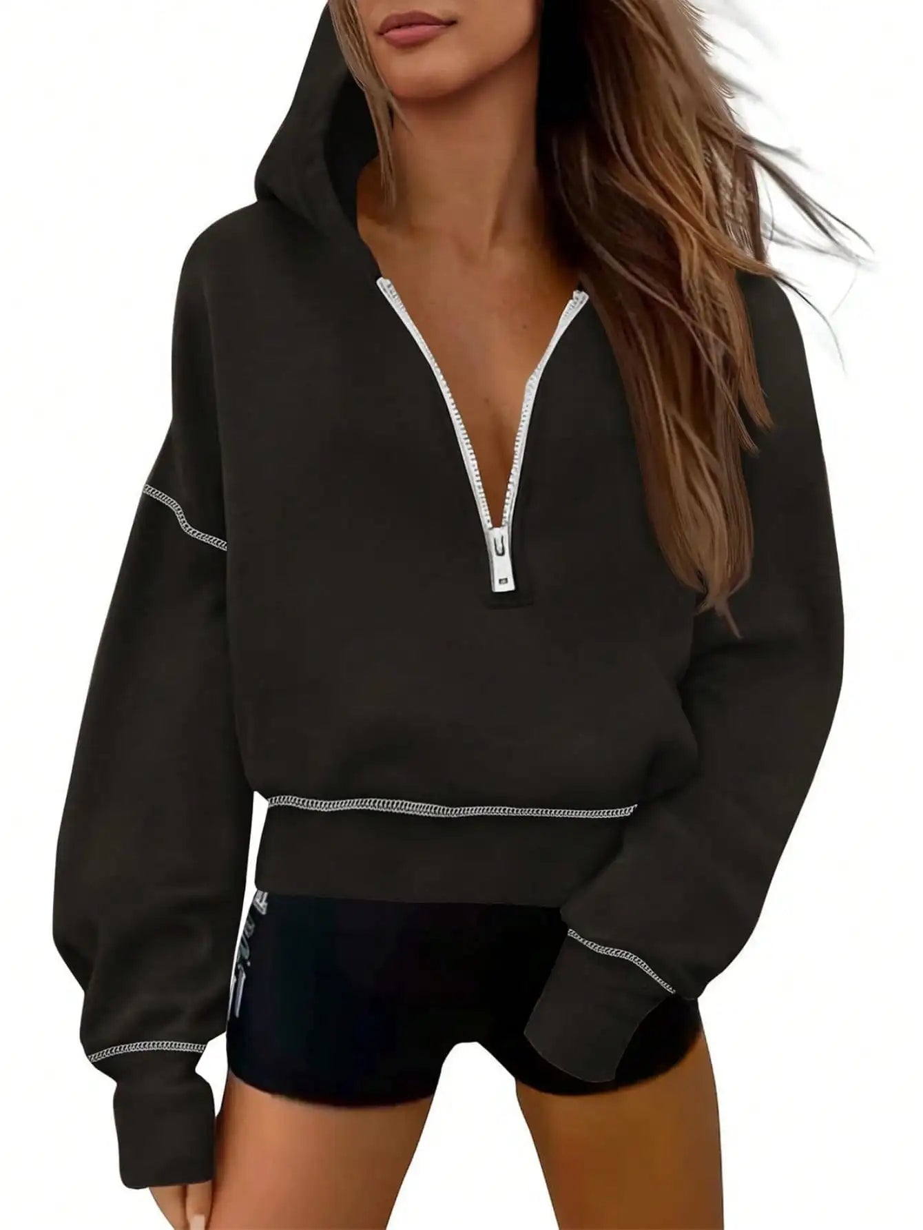 Women's Thick Half Zip Hoodie Winter Warm Pullover Y2K Contrast Stitch Sweatshirt Loose Fit Streetwear Plus  k pop clothes