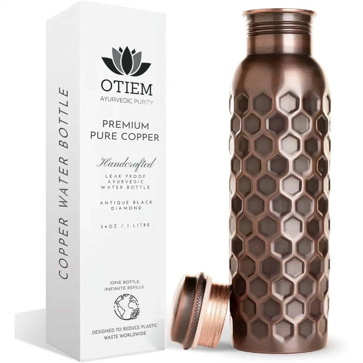 100% Copper Water Bottle 34 Oz Antique Black - Leak-Proof, Temperature Retention, Eco-Friendly Design for Hydration