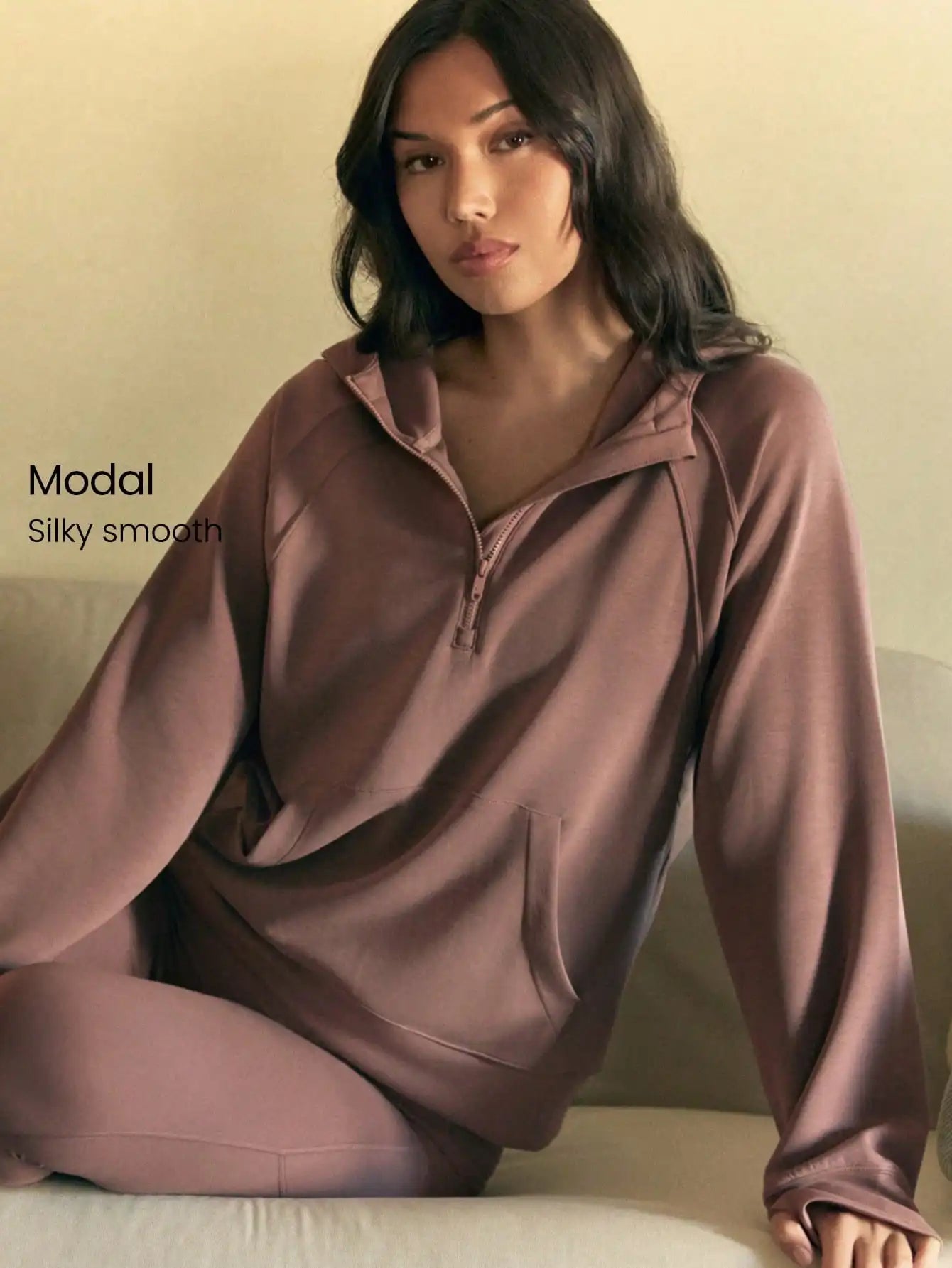 Oversized Half-Zip Hoodie Modal Fabric Loose Fit Kangaroo Pocket
