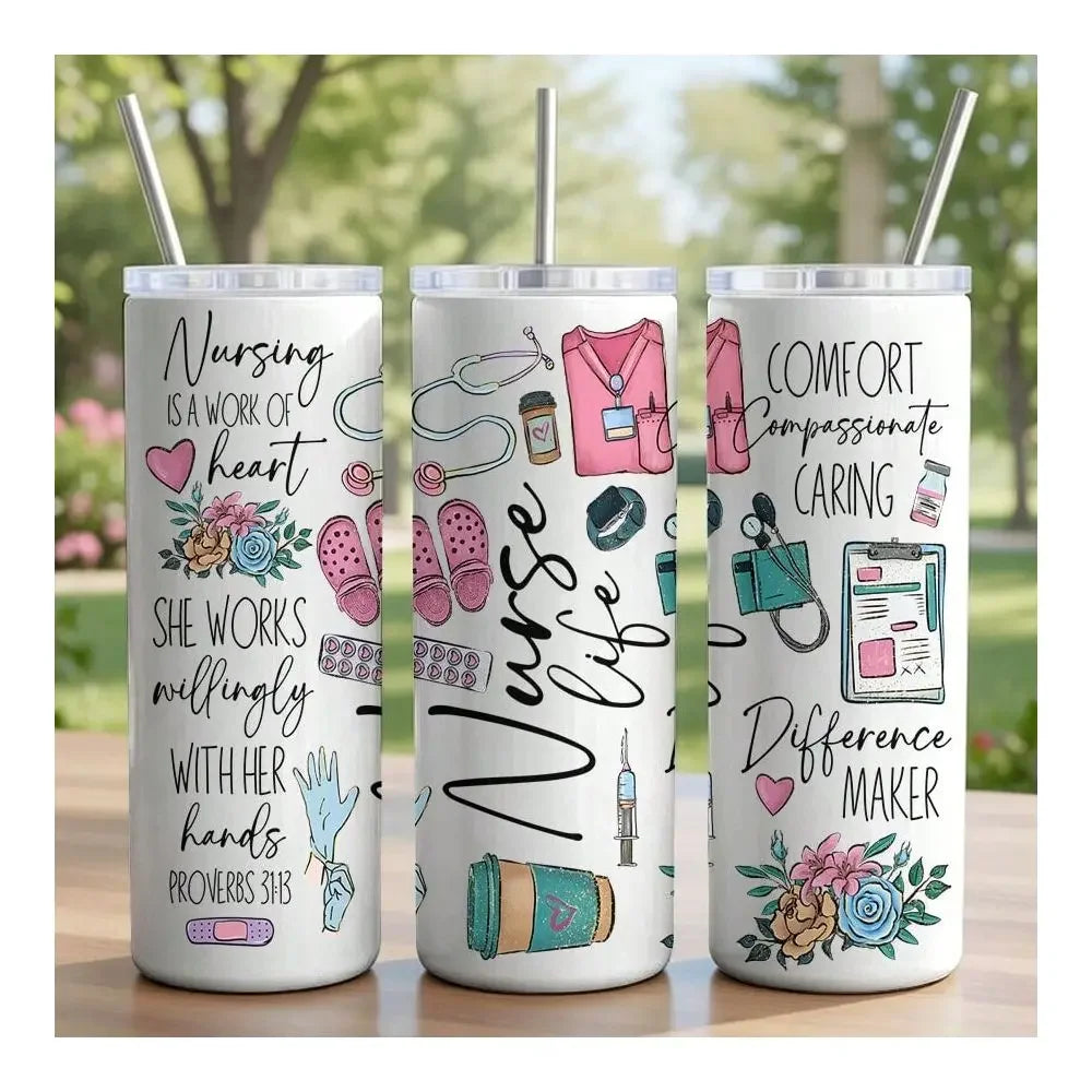 20oz Insulated Water Bottle Medical Nurse Aesthetic Pink Teal Coffee Floral Tumbler Design For Nursing Student Appreciation