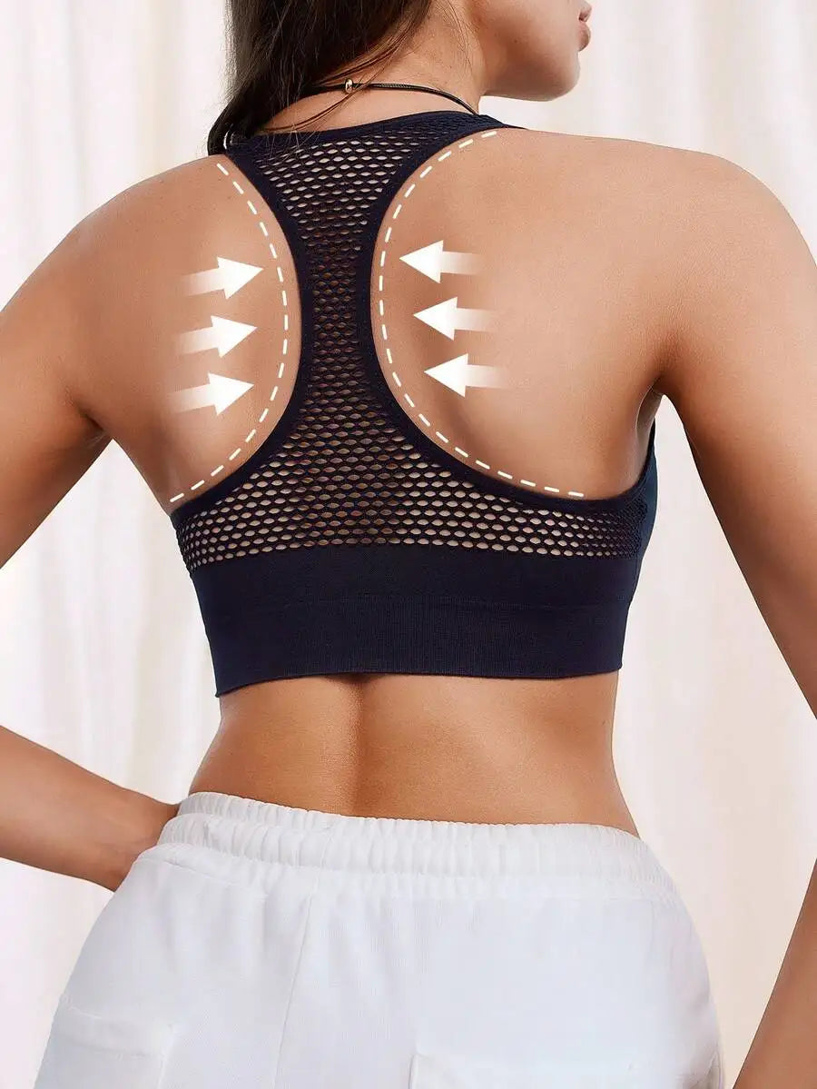 1 Piece Hollow Mesh Knit Front Zipper Hollow Stretch Moisture Wicking Design Breathable Seamless Sports Bra, Fitness Yoga