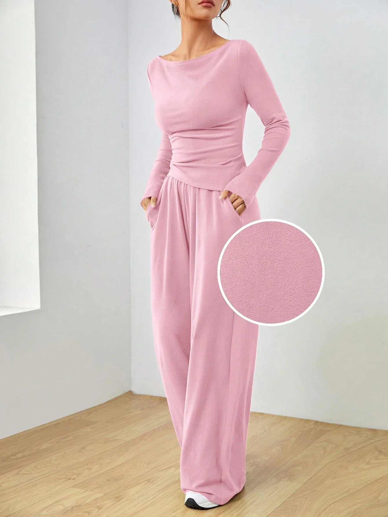 Women's Spring Autumn Casual Long Sleeve Top And Wide Leg Pants Set