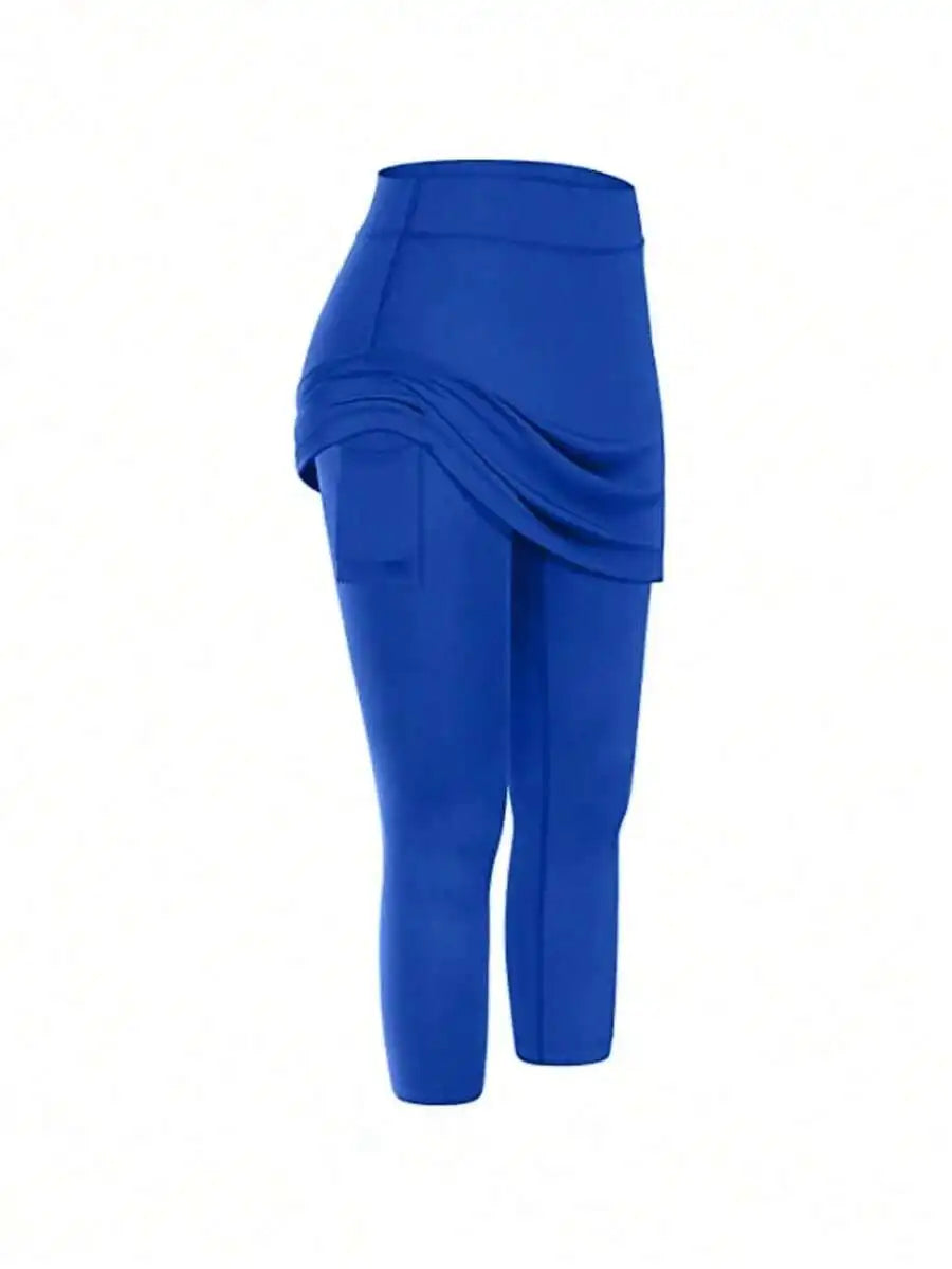High Waist Fake Two-Piece Yoga Leggings Women Sporty Capri Pants With Pockets