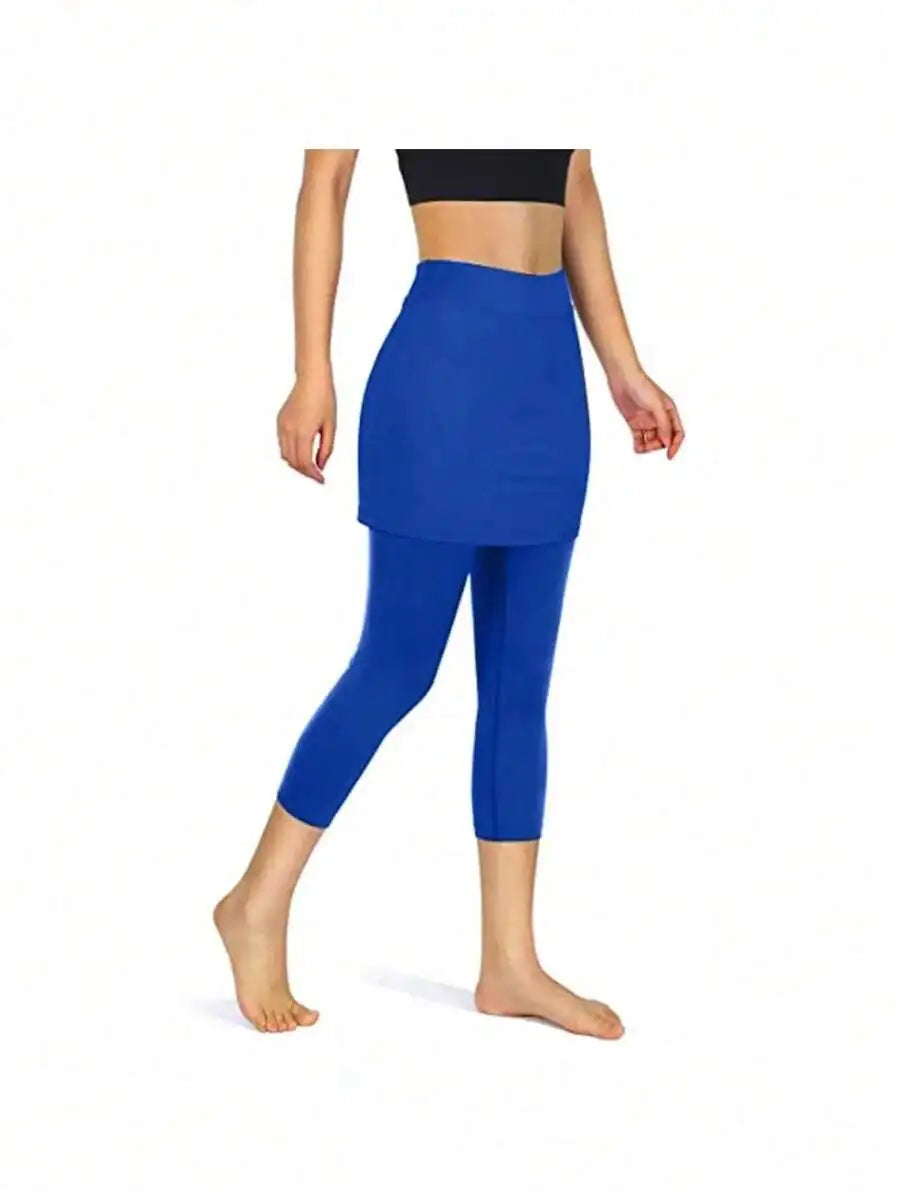 High Waist Fake Two-Piece Yoga Leggings Women Sporty Capri Pants With Pockets