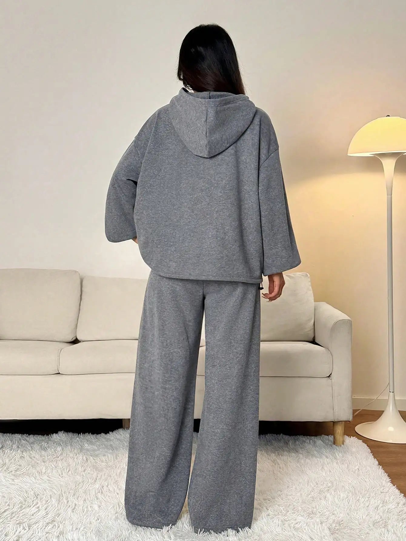 Oversized Thermal Lined Hoodie And Wide Leg Sweatpants Set Grey Women Comfortable Lounge Wear