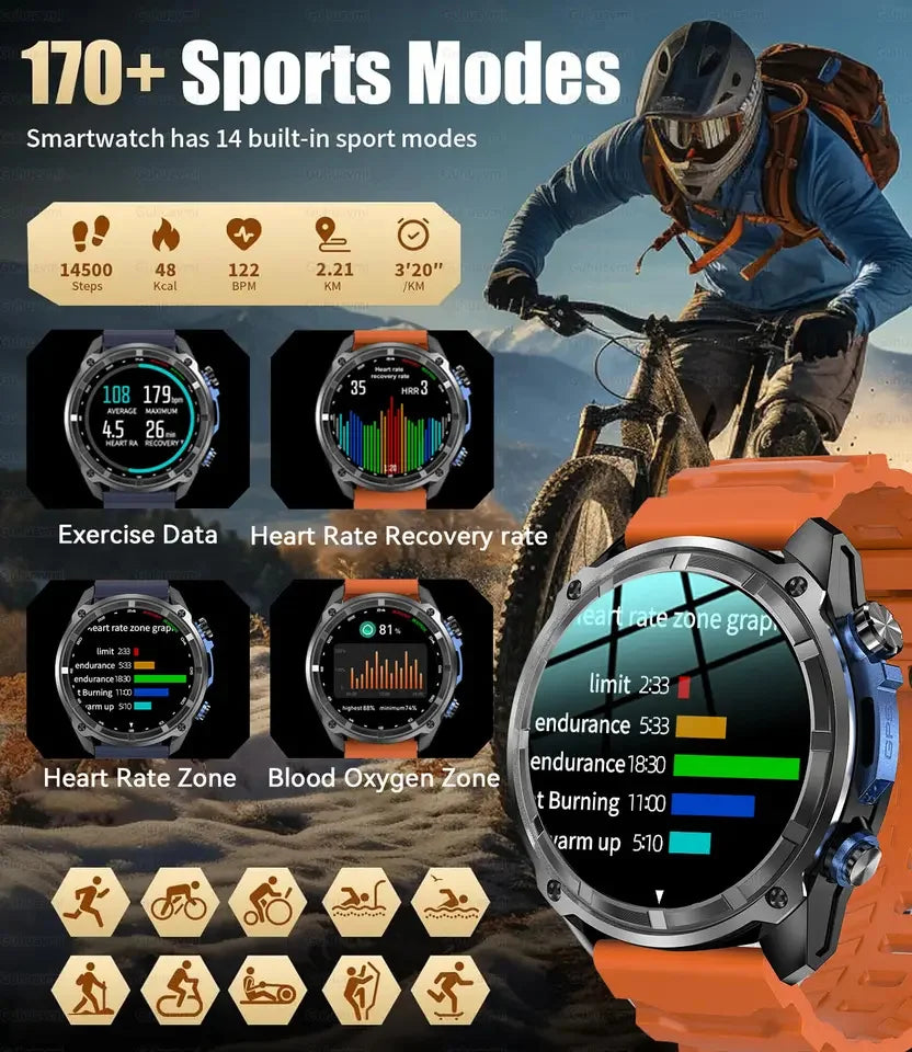 2025 New Military GPS Map NFC 4GB Memory Sports Smart Watch Men Waterproof Fitness Trackr Bluetooth call 860Mah Battery Bracelet