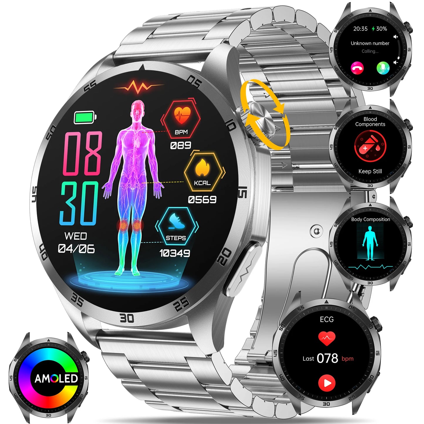 Marsyu 2026 New Nursing Grade Smart Watch ECG+PPG Blood Lipid Blood pressure Uric Acid HD Bluetooth Call Clock Health Smart Watch Men For iOS Android New Health Measurement SmartWatch Men Blood Oxygen Pressure HD Bluetooth Ca