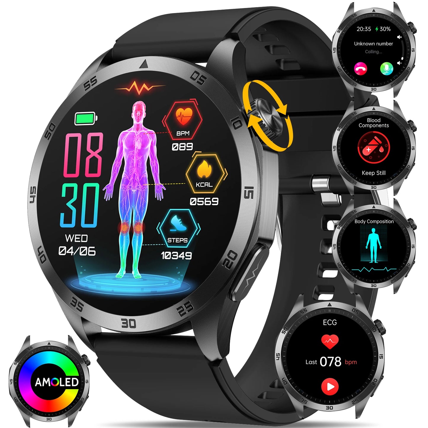Marsyu 2026 New Nursing Grade Smart Watch ECG+PPG Blood Lipid Blood pressure Uric Acid HD Bluetooth Call Clock Health Smart Watch Men For iOS Android New Health Measurement SmartWatch Men Blood Oxygen Pressure HD Bluetooth Ca