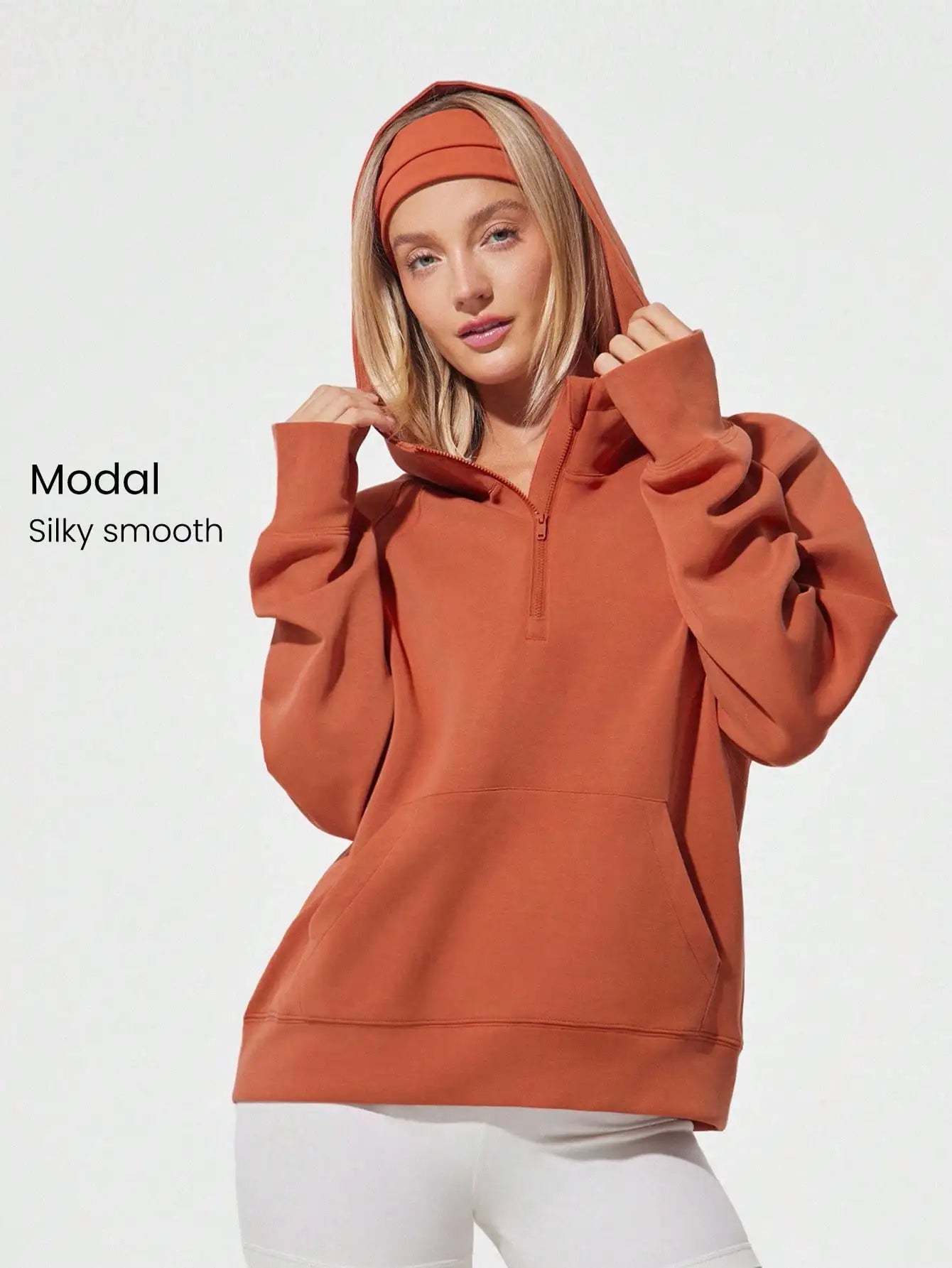 Oversized Half-Zip Hoodie Modal Fabric Loose Fit Kangaroo Pocket
