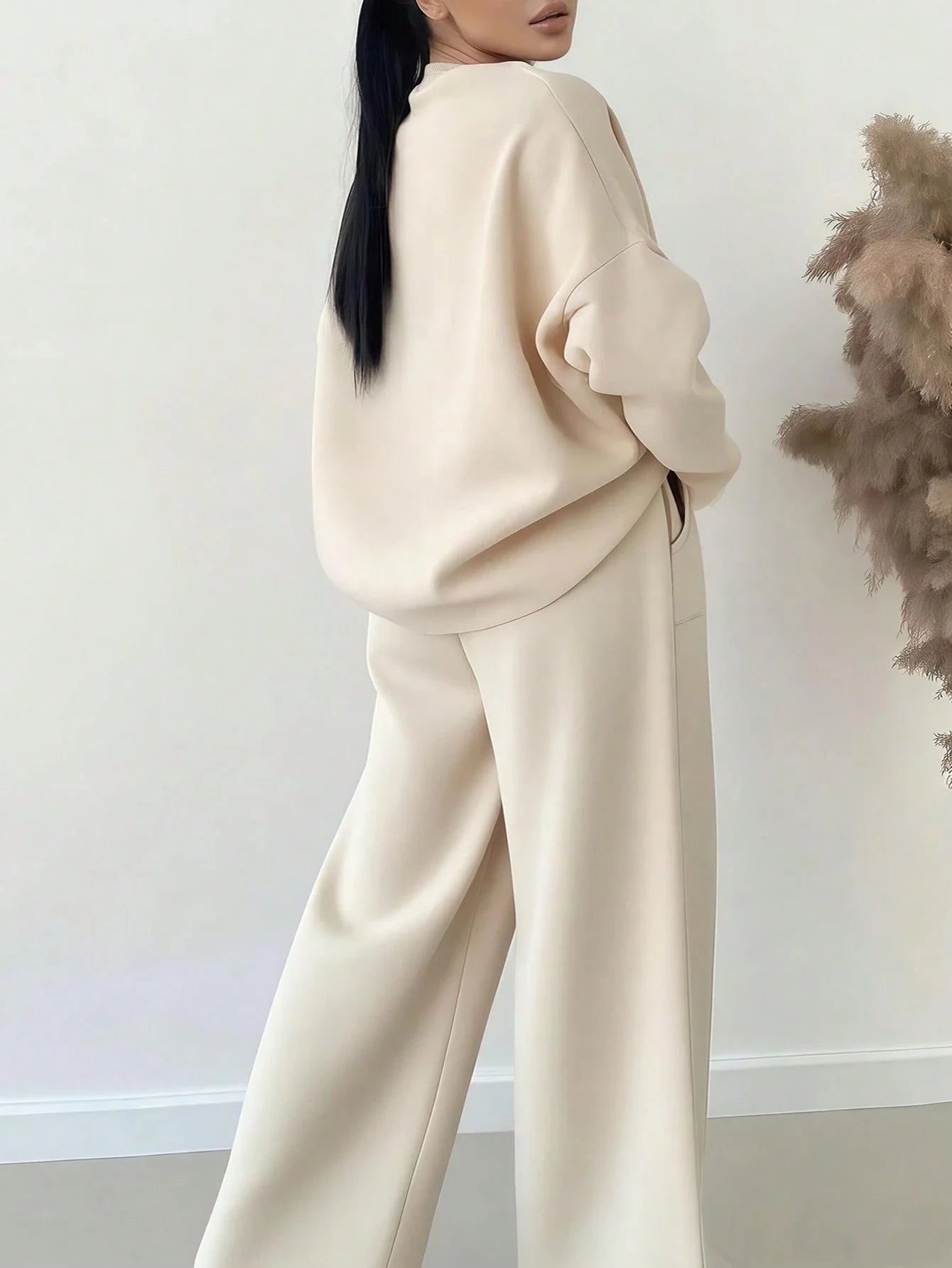 Solid Color Round Neck Long Sleeve Top And Pocket Loose Pants 2 Piece Set